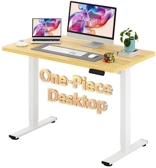 Main image of Electric Standing Desk 48 x 24 Inches Whole-Piece Desktop Height Adjustable Stand Up Desk w/6-Button Controller Ergonomic Computer Desk for Home Office, White Frame + Natural Tabletop