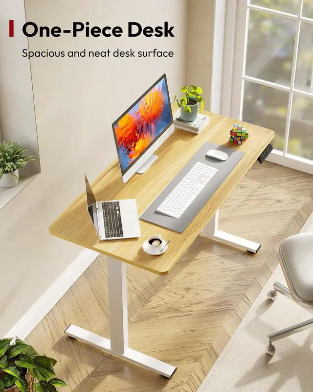 Alt view image 6 of 7 - Electric Standing Desk 48 x 24 Inches Whole-Piece Desktop Height Adjustable Stand Up Desk w/6-Button Controller Ergonomic Computer Desk for Home Office, White Frame + Natural Tabletop