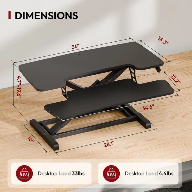 Alt view image 2 of 7 - 36" Standing Desk Converter, Adjustable Sit to Stand Desk Riser with Effortless Lifting for Home Office, Desk Topper for Dual Monitors, Computer Lift with Keyboard Tray, Black