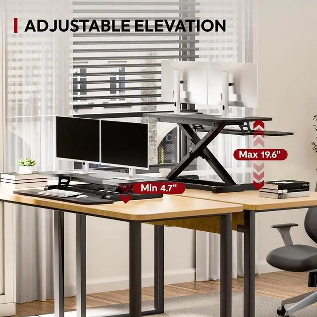 Alt view image 5 of 7 - 36" Standing Desk Converter, Adjustable Sit to Stand Desk Riser with Effortless Lifting for Home Office, Desk Topper for Dual Monitors, Computer Lift with Keyboard Tray, Black