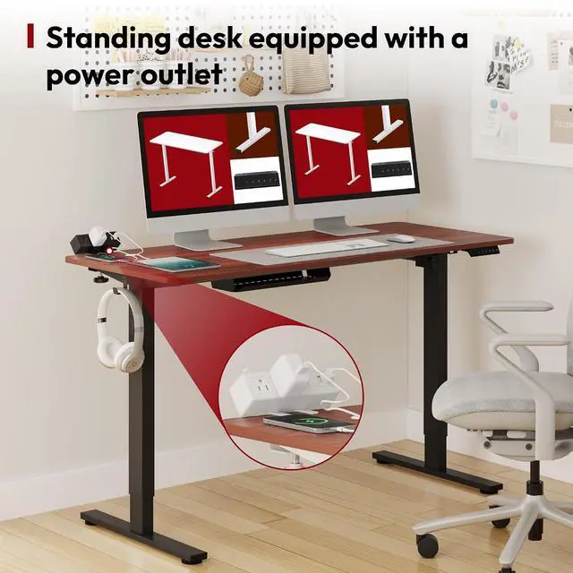 Alt view image 5 of 7 - Electric Standing Desk with Clamp Power Strip 60"x 24" Whole-Piece Desktop Height Adjustable Stand Up Desk with Cable Management Home Office Desk Black Frame/Mahogany Top