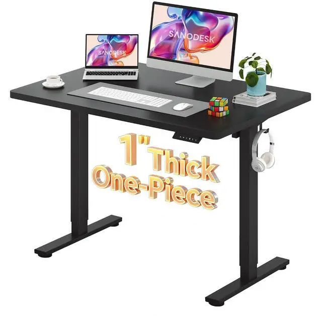 Main image of Electric Standing Desk 48 x 30 Inches Whole-Piece Desktop Height Adjustable Stand Up Desk w/6-Button Controller Ergonomic Computer Desk for Home Office, Black Frame + Black Tabletop