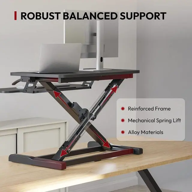 Alt view image 3 of 7 - Standing Desk Converter 28" Desk Riser for Home Office, Compact Sit Stand Desktop Workstation for Laptop & Monitor, Ergonomic Height Adjustable Riser, Black