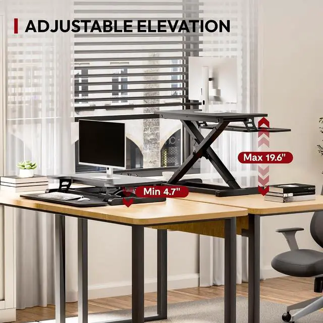 Alt view image 4 of 7 - Standing Desk Converter 28" Desk Riser for Home Office, Compact Sit Stand Desktop Workstation for Laptop & Monitor, Ergonomic Height Adjustable Riser, Black