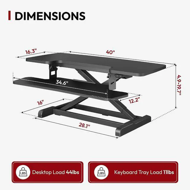Alt view image 2 of 7 - 40" Electric Standing Desk Converter Height Adjustable Riser for Office Home,Dual Monitor and Laptop Workstation with Large Keyboard Tray, Black Color