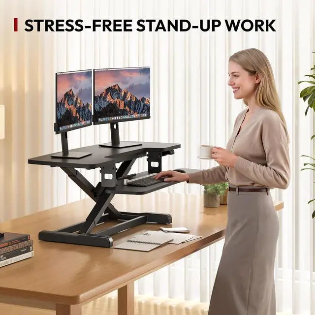 Alt view image 4 of 7 - 40" Electric Standing Desk Converter Height Adjustable Riser for Office Home,Dual Monitor and Laptop Workstation with Large Keyboard Tray, Black Color