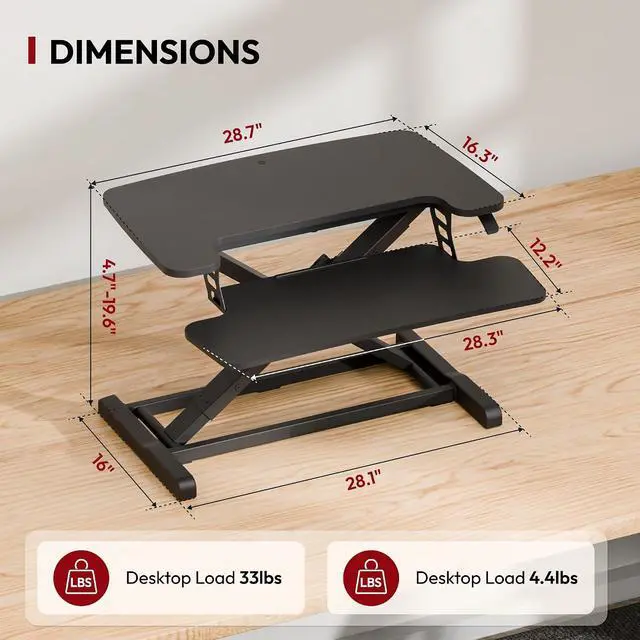 Alt view image 2 of 7 - Standing Desk Converter 28" Desk Riser for Home Office, Compact Sit Stand Desktop Workstation for Laptop & Monitor, Ergonomic Height Adjustable Riser, Black