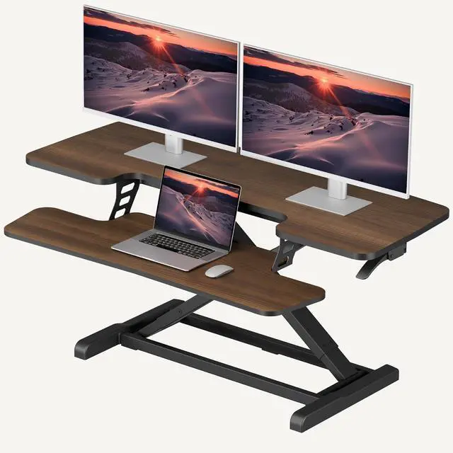 Main image of 42" Standing Desk Converter, Large Sit-Stand Riser for Dual Monitors & Laptop, Stable Multi-Device Workstation with Keyboard Tray, Home Office Desktop Converter, Walnut