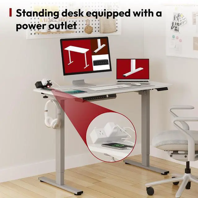 Alt view image 2 of 7 - Electric Standing Desk with Desk Clamp Power Strip 48"x 30" Whole-Piece Desktop Height Adjustable Stand Up Desk with Cable Management Sit Stand Home Office Desk Silver Frame/White Top