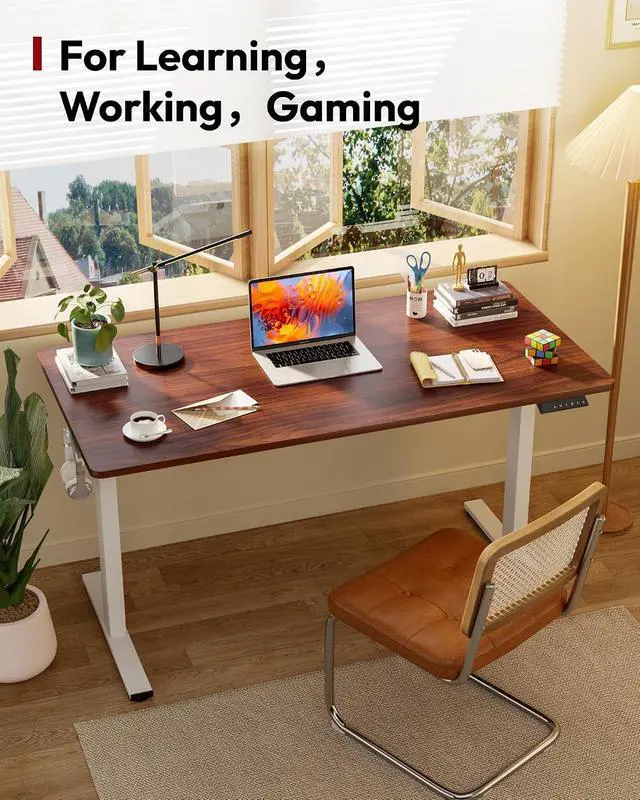 Alt view image 3 of 7 - Electric Standing Desk 55 x 28 Inches Whole-Piece Desktop Height Adjustable Stand Up Desk w/6-Button Controller Ergonomic Computer Desk for Home Office, White Frame + Mahogany Tabletop