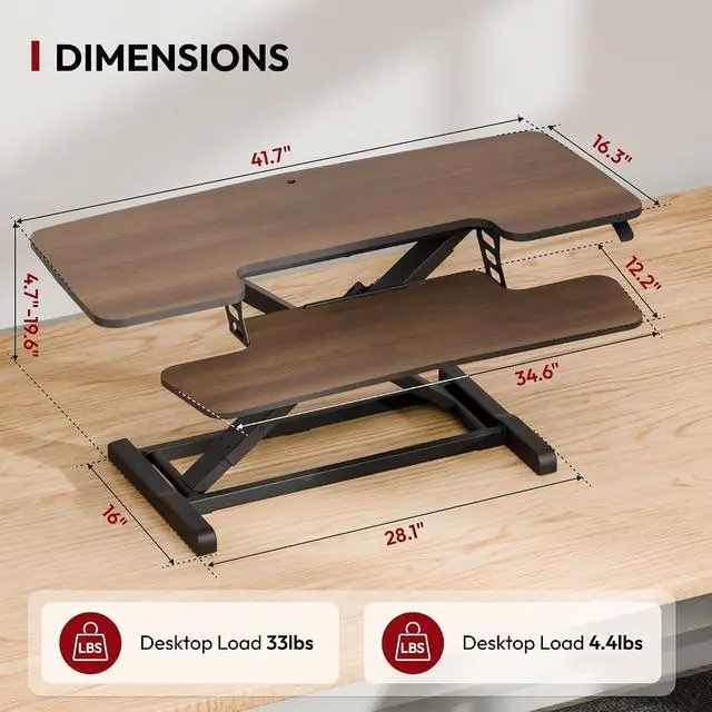 Alt view image 2 of 7 - 42" Standing Desk Converter, Large Sit-Stand Riser for Dual Monitors & Laptop, Stable Multi-Device Workstation with Keyboard Tray, Home Office Desktop Converter, Walnut