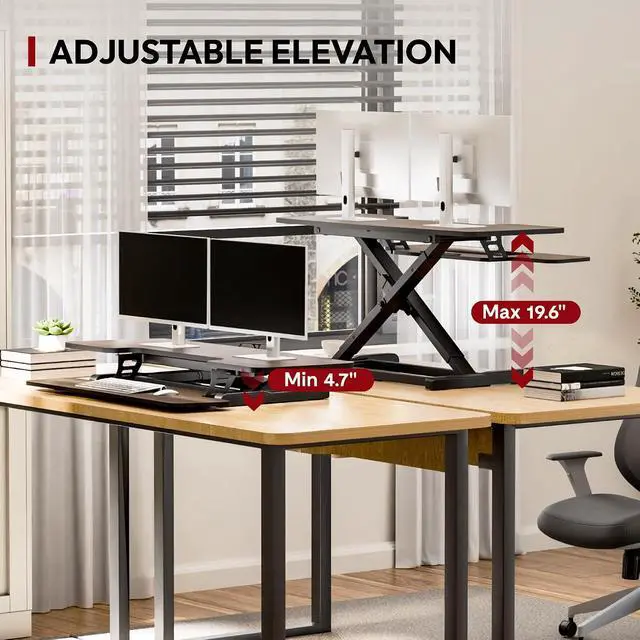 Alt view image 4 of 7 - 42" Standing Desk Converter, Large Sit-Stand Riser for Dual Monitors & Laptop, Stable Multi-Device Workstation with Keyboard Tray, Home Office Desktop Converter, Walnut