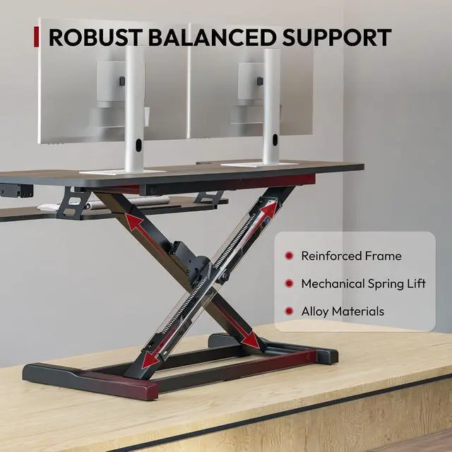 Alt view image 3 of 7 - 42" Standing Desk Converter, Large Sit-Stand Riser for Dual Monitors & Laptop, Stable Multi-Device Workstation with Keyboard Tray, Home Office Desktop Converter, Walnut