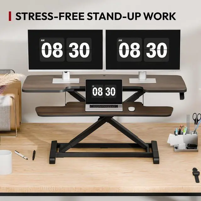 Alt view image 7 of 7 - 42" Standing Desk Converter, Large Sit-Stand Riser for Dual Monitors & Laptop, Stable Multi-Device Workstation with Keyboard Tray, Home Office Desktop Converter, Walnut