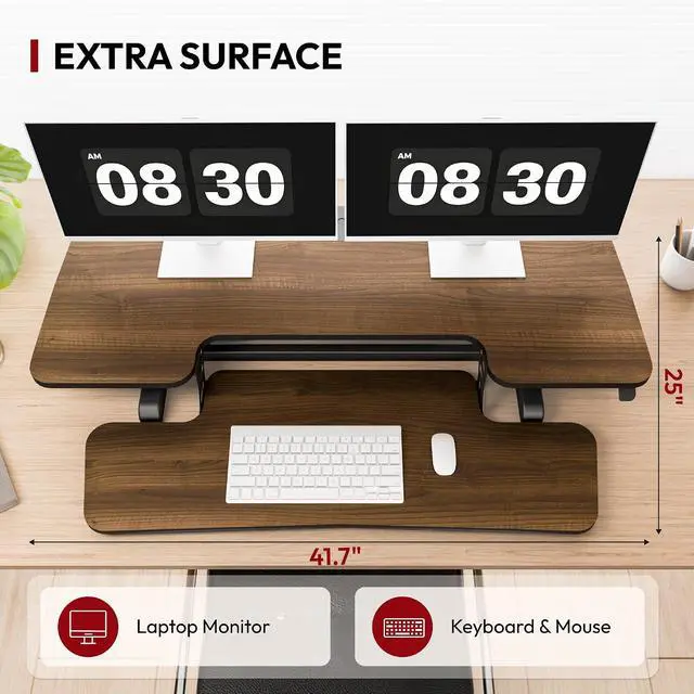 Alt view image 6 of 7 - 42" Standing Desk Converter, Large Sit-Stand Riser for Dual Monitors & Laptop, Stable Multi-Device Workstation with Keyboard Tray, Home Office Desktop Converter, Walnut