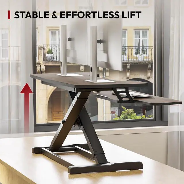 Alt view image 5 of 7 - 42" Standing Desk Converter, Large Sit-Stand Riser for Dual Monitors & Laptop, Stable Multi-Device Workstation with Keyboard Tray, Home Office Desktop Converter, Walnut