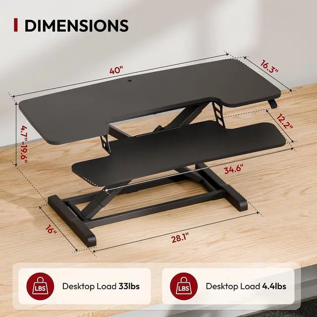 Alt view image 2 of 7 - 40" Desk Converter, Height Adjustable Sit to Stand Riser, Dual Monitor and Laptop Workstation with Wide Keyboard Tray, Modern Minimalist Design, Black