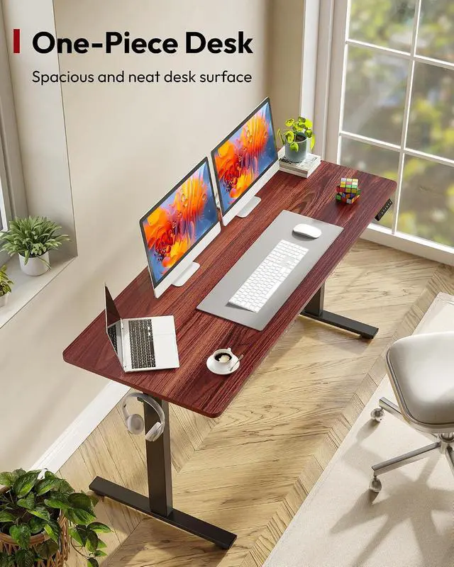 Alt view image 2 of 7 - One-Piece Electric Standing Desk, Seamless 60 x 24'' Ergonomic Height Adjustable Sit Stand Desk with Memory Presets for Home Office Computer Workstation, Black Frame/Mahogany Top