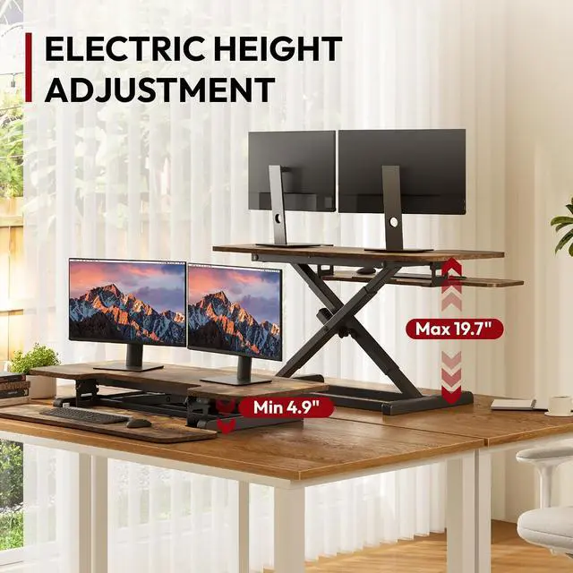 Alt view image 3 of 7 - Standing Desk Converter with Electric Motor 40" Height Adjustable Riser for Office Home,Dual Monitor and Laptop Workstation with Large Keyboard Tray, Rustic Color