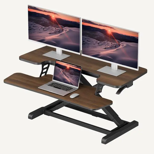 Main image of 36" Standing Desk Converter, Smooth Mechanical Spring Effortless Lift Sit-Stand Riser for Dual Monitors, Heavy Duty Workstation with Keyboard Tray, Walnut