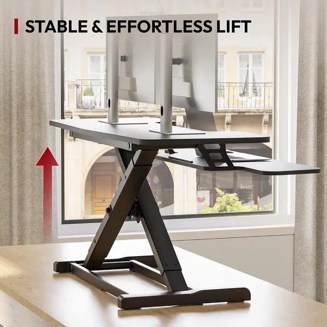 Alt view image 5 of 7 - 40" Desk Converter, Height Adjustable Sit to Stand Riser, Dual Monitor and Laptop Workstation with Wide Keyboard Tray, Modern Minimalist Design, Black