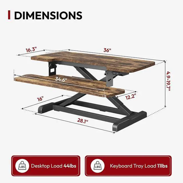 Alt view image 2 of 7 - Standing Desk Converter with Electric Motor 35" Height Adjustable Desk Riser for Office Home,Monitor and Laptop Workstation with Large Keyboard Tray, Rustic Color