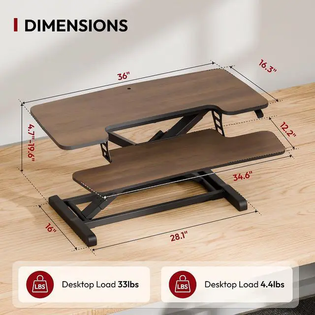 Alt view image 2 of 7 - 36" Standing Desk Converter, Smooth Mechanical Spring Effortless Lift Sit-Stand Riser for Dual Monitors, Heavy Duty Workstation with Keyboard Tray, Walnut