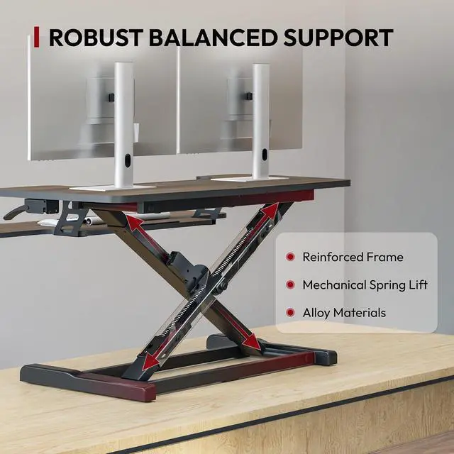 Alt view image 3 of 7 - 36" Standing Desk Converter, Smooth Mechanical Spring Effortless Lift Sit-Stand Riser for Dual Monitors, Heavy Duty Workstation with Keyboard Tray, Walnut