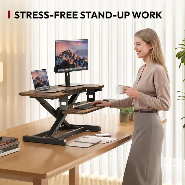 Alt view image 4 of 7 - Standing Desk Converter with Electric Motor 35" Height Adjustable Desk Riser for Office Home,Monitor and Laptop Workstation with Large Keyboard Tray, Rustic Color