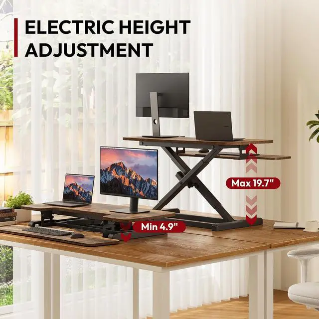 Alt view image 3 of 7 - Standing Desk Converter with Electric Motor 35" Height Adjustable Desk Riser for Office Home,Monitor and Laptop Workstation with Large Keyboard Tray, Rustic Color