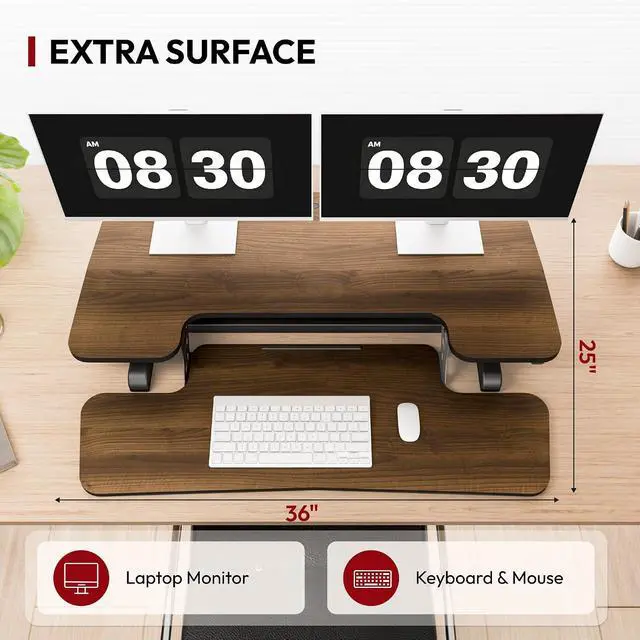 Alt view image 6 of 7 - 36" Standing Desk Converter, Smooth Mechanical Spring Effortless Lift Sit-Stand Riser for Dual Monitors, Heavy Duty Workstation with Keyboard Tray, Walnut