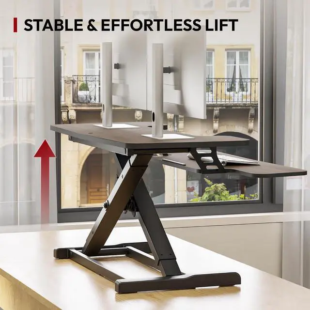 Alt view image 5 of 7 - 36" Standing Desk Converter, Smooth Mechanical Spring Effortless Lift Sit-Stand Riser for Dual Monitors, Heavy Duty Workstation with Keyboard Tray, Walnut