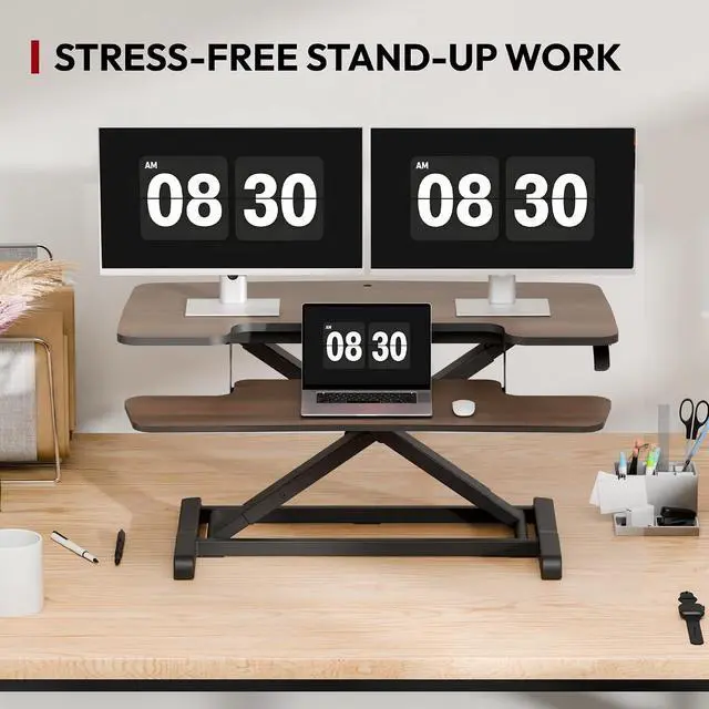 Alt view image 7 of 7 - 36" Standing Desk Converter, Smooth Mechanical Spring Effortless Lift Sit-Stand Riser for Dual Monitors, Heavy Duty Workstation with Keyboard Tray, Walnut