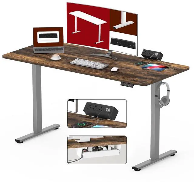 Main image of Electric Standing Desk with Desk Clamp Power Strip 55"x 28" Whole-Piece Desktop Height Adjustable Stand Up Desk with Cable Management Sit Stand Home Office Desk Silver Frame/Rustic Brown Top