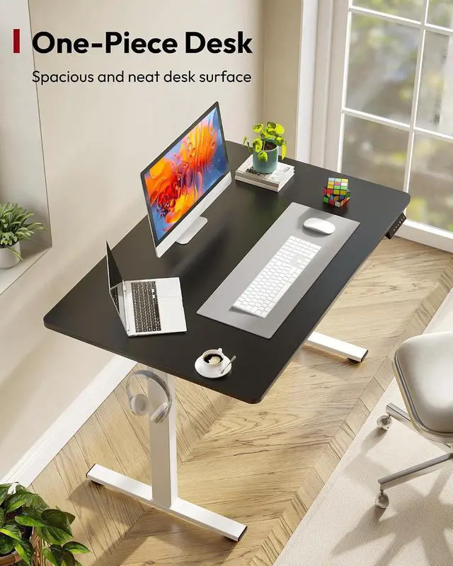 Alt view image 2 of 7 - One-Piece Electric Standing Desk, Seamless 48 x 30'' Ergonomic Height Adjustable Sit Stand Desk with Memory Presets for Home Office Computer Workstation, White Frame/Black Top