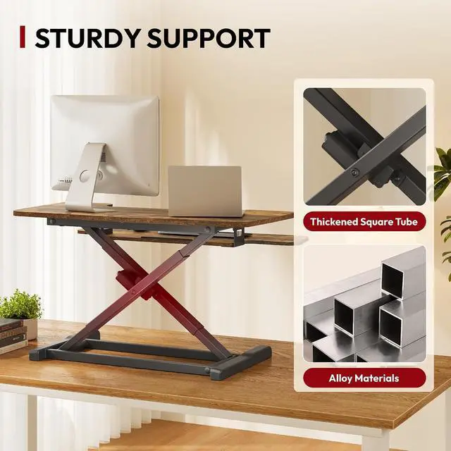 Alt view image 6 of 7 - Standing Desk Converter with Electric Motor 35" Height Adjustable Desk Riser for Office Home,Monitor and Laptop Workstation with Large Keyboard Tray, Rustic Color