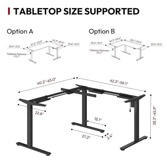 Alt view image 3 of 7 - Electric Height Adjustable 3-Leg L Shaped Standing Desk Frame, Support up to 220lbs, Sit Stand Ergonomic L Desk Frame Only, Black