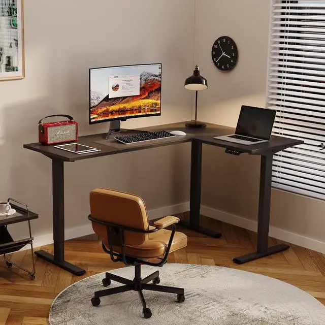 Alt view image 2 of 7 - Electric Height Adjustable 3-Leg L Shaped Standing Desk Frame, Support up to 220lbs, Sit Stand Ergonomic L Desk Frame Only, Black