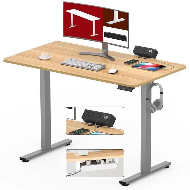 Main image of Electric Standing Desk with Desk Clamp Power Strip 40"x 24" Whole-Piece Desktop Height Adjustable Stand Up Desk with Cable Management Sit Stand Home Office Desk Silver Frame/Maple Top