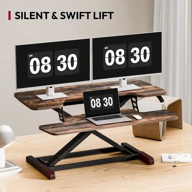 Alt view image 7 of 7 - 36" Standing Desk Converter, Height Adjustable Sit-Stand Computer Riser, Dual Monitor Workstation with Keyboard Tray, Ergonomic Tabletop, Rustic Brown
