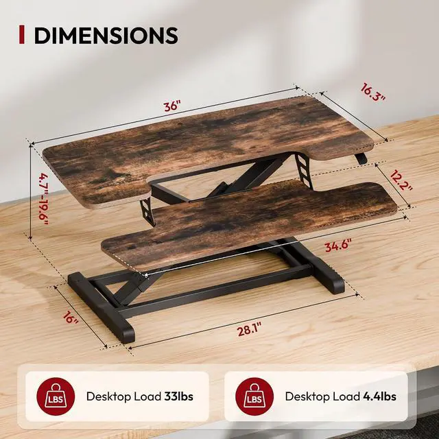 Alt view image 2 of 7 - 36" Standing Desk Converter, Height Adjustable Sit-Stand Computer Riser, Dual Monitor Workstation with Keyboard Tray, Ergonomic Tabletop, Rustic Brown