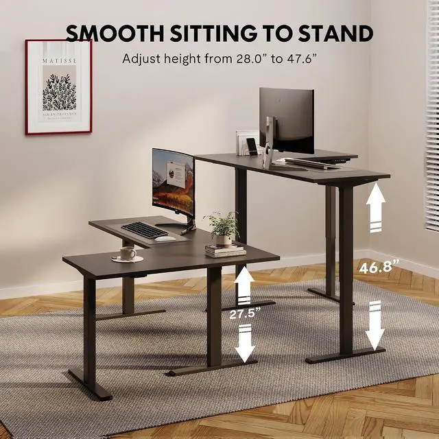 Alt view image 7 of 7 - Electric Height Adjustable 3-Leg L Shaped Standing Desk Frame, Support up to 220lbs, Sit Stand Ergonomic L Desk Frame Only, Black