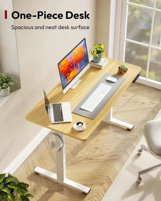Alt view image 2 of 7 - One-Piece Electric Standing Desk, Seamless 48 x 24'' Ergonomic Height Adjustable Sit Stand Desk with Memory Presets for Home Office Computer Workstation, White Frame/Natural Top