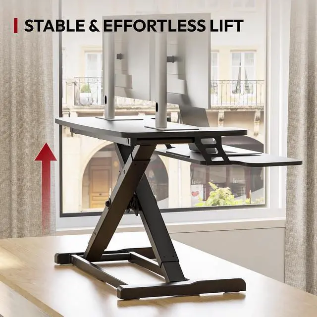 Alt view image 5 of 7 - 32" Height Adjustable Standing Desk Converter, Desk Riser Sit Stand Workstation for Home Office Laptop & Dual Monitor Setup, Ergonomic Lift Platform, Black