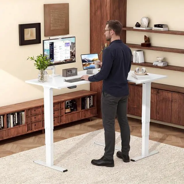 Alt view image 2 of 7 - Electric Height Adjustable 3-Leg L Shaped Standing Desk Frame, Support up to 330lbs, Sit Stand Ergonomic L Desk Frame Only, White