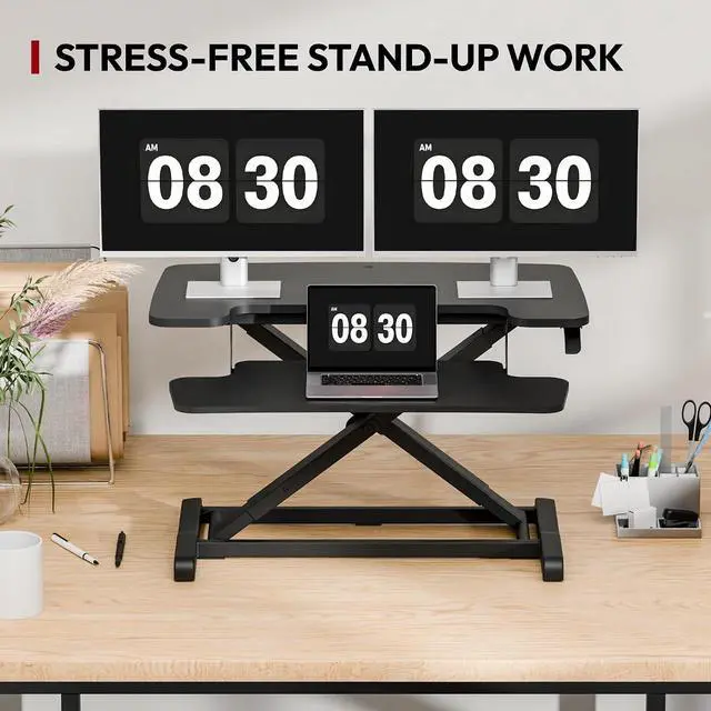 Alt view image 7 of 7 - 32" Height Adjustable Standing Desk Converter, Desk Riser Sit Stand Workstation for Home Office Laptop & Dual Monitor Setup, Ergonomic Lift Platform, Black