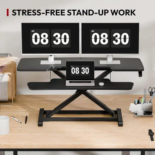 Alt view image 3 of 7 - 42" Extra Large Standing Desk Converter, Height Adjustable Sit Stand Riser with Wide Keyboard Tray, Dual Monitor Workstation for Home Office, Ergonomic Desktop Riser, Black