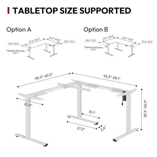 Alt view image 3 of 7 - Electric Height Adjustable 3 Leg Corner Desk Frame, up to 220lbs, Sit Stand Ergonomic L Shaped Frame Only, White