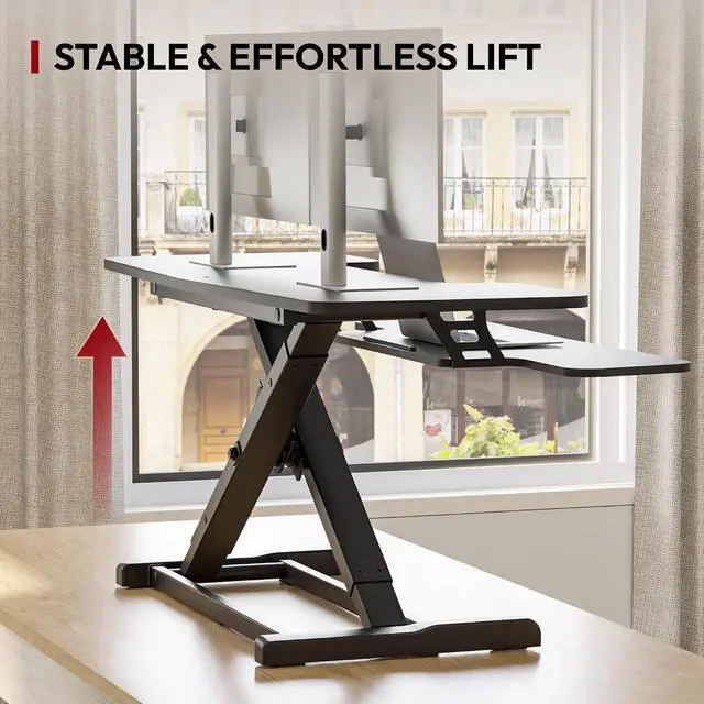 Alt view image 6 of 7 - 42" Extra Large Standing Desk Converter, Height Adjustable Sit Stand Riser with Wide Keyboard Tray, Dual Monitor Workstation for Home Office, Ergonomic Desktop Riser, Black