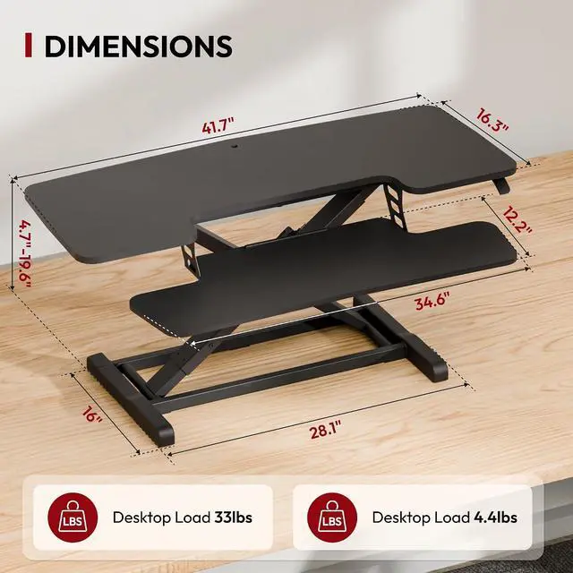 Alt view image 2 of 7 - 42" Extra Large Standing Desk Converter, Height Adjustable Sit Stand Riser with Wide Keyboard Tray, Dual Monitor Workstation for Home Office, Ergonomic Desktop Riser, Black